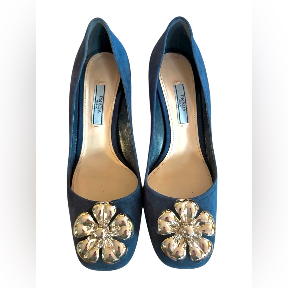 Prada Women's Blue Suede Block Heels with Silver Floral Accent 6.5